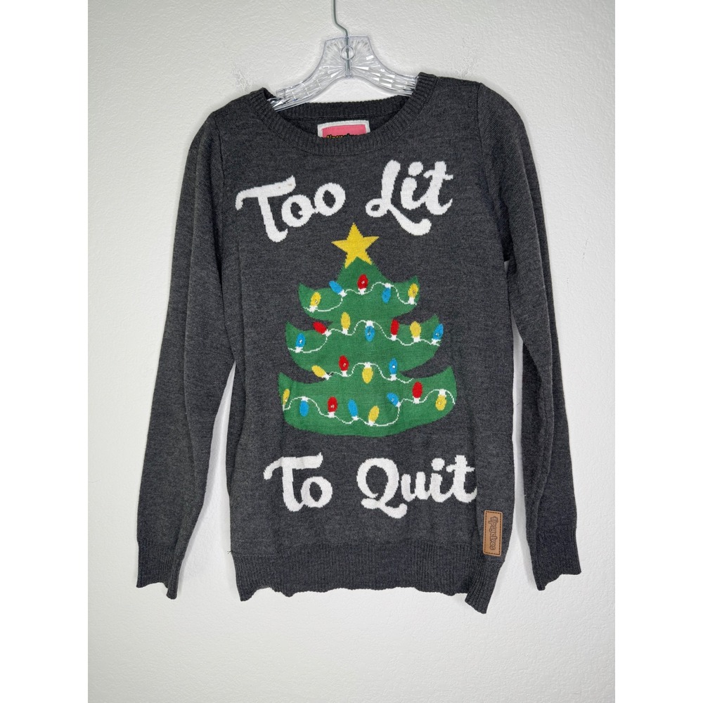Tipsy Elves Too Lit To Quit Christmas Sweater Gray Womens Small Holiday Light Up